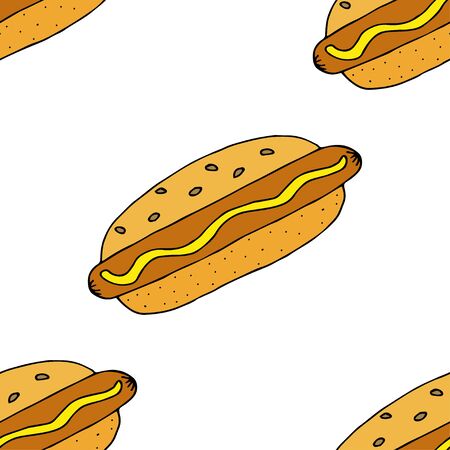 Hot dog. Seamless pattern. hand drawn vector illustration.   doodles or cartoon style.
のイラスト素材
