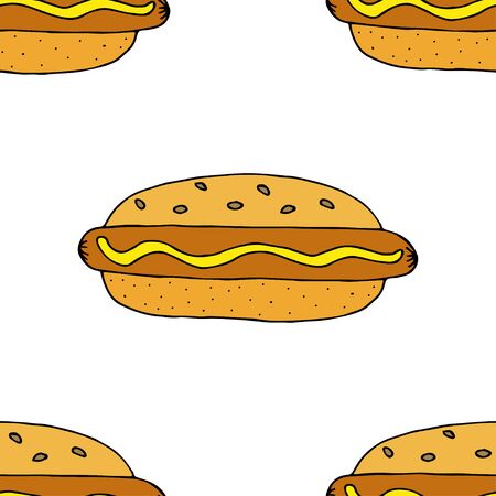 Hot dog. Seamless pattern. hand drawn vector illustration.   doodles or cartoon style.
のイラスト素材