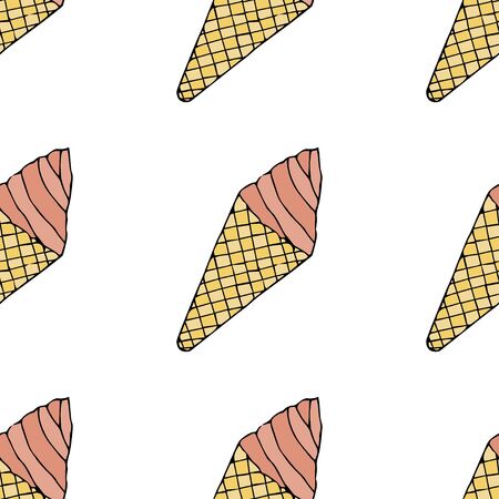 Ice cream in a cone waffle cup.  Seamless pattern. hand drawn vector illustration.   doodles or cartoon styleのイラスト素材