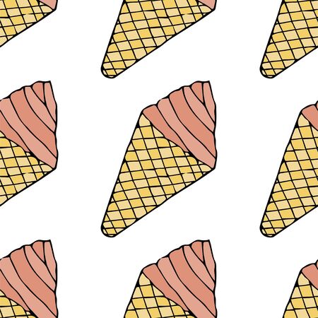 Ice cream in a cone waffle cup.  Seamless pattern. hand drawn vector illustration.   doodles or cartoon styleのイラスト素材