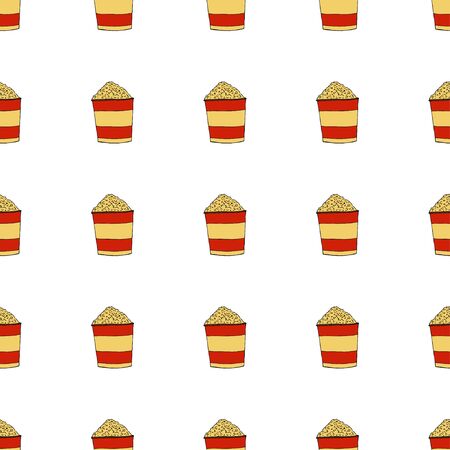 Popcorn in a striped box.A bucket of pop-corn. Seamless pattern. hand drawn vector illustration.   doodles or cartoon style.&#xA;のイラスト素材