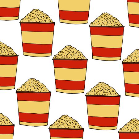 Popcorn in a striped box.A bucket of pop-corn. Seamless pattern. hand drawn vector illustration.   doodles or cartoon style.&#xA;のイラスト素材