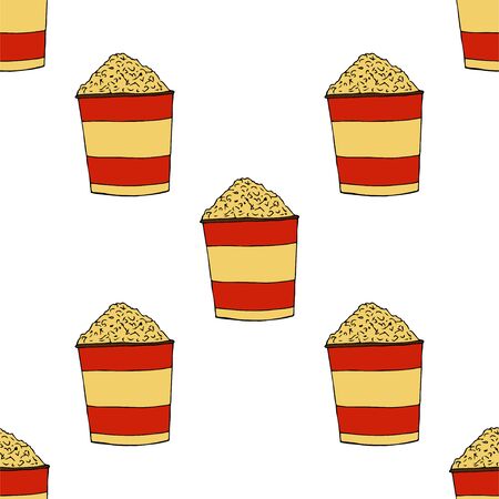 Popcorn in a striped box.A bucket of pop-corn. Seamless pattern. hand drawn vector illustration.   doodles or cartoon style.
のイラスト素材
