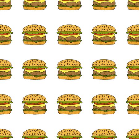 Hamburger, cheeseburger. Seamless pattern. hand drawn vector illustration.   doodles or cartoon style.&#xA;のイラスト素材