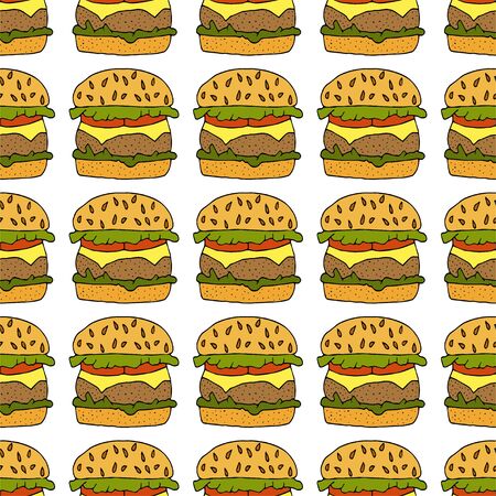 Hamburger, cheeseburger. Seamless pattern. hand drawn vector illustration.   doodles or cartoon style.
のイラスト素材