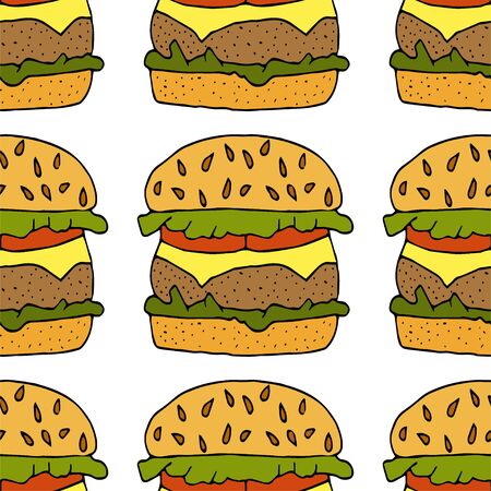 Hamburger, cheeseburger. Seamless pattern. hand drawn vector illustration.   doodles or cartoon style.&#xA;のイラスト素材