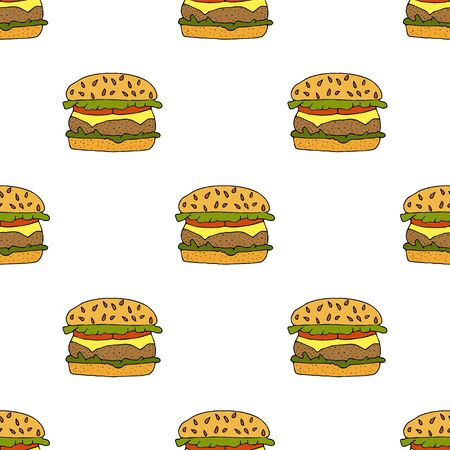 Hamburger, cheeseburger. Seamless pattern. hand drawn vector illustration.   doodles or cartoon style.&#xA;のイラスト素材