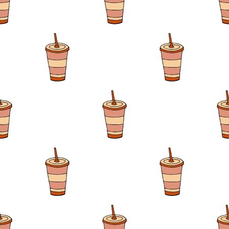 Glass of drink with a lid and a straw.Seamless pattern. hand drawn vector illustration.   doodles or cartoon style.
のイラスト素材