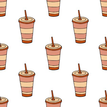 Glass of drink with a lid and a straw.Seamless pattern. hand drawn vector illustration.   doodles or cartoon style.&#xA;のイラスト素材