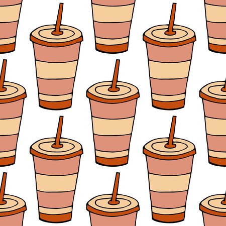 Glass of drink with a lid and a straw.Seamless pattern. hand drawn vector illustration.   doodles or cartoon style.&#xA;のイラスト素材