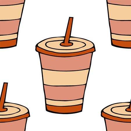 Glass of drink with a lid and a straw.Seamless pattern. hand drawn vector illustration.   doodles or cartoon style.
のイラスト素材