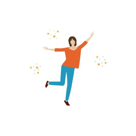 Happy young woman. The girl rejoices and dances.Vector illustration in a flat style isolated on white background.のイラスト素材