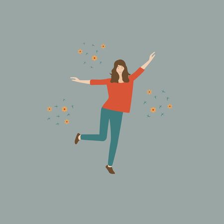 Happy young woman. The girl rejoices and dances.Vector illustration in a flat style isolated on grey background.のイラスト素材