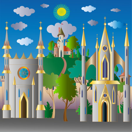 a picture of a medieval city with Gothic architecture in a style close to animationのイラスト素材