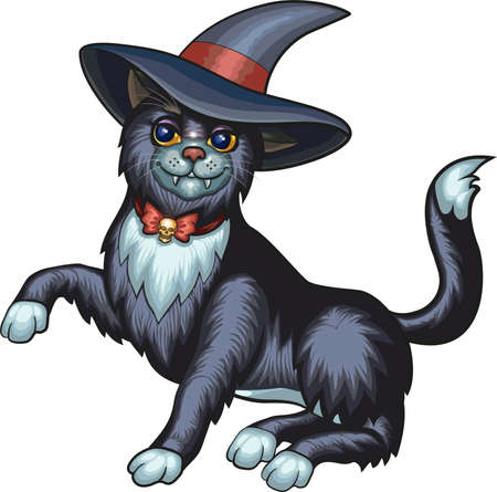 a black cat in a witch's magic hat sits with its right front paw raisedのイラスト素材