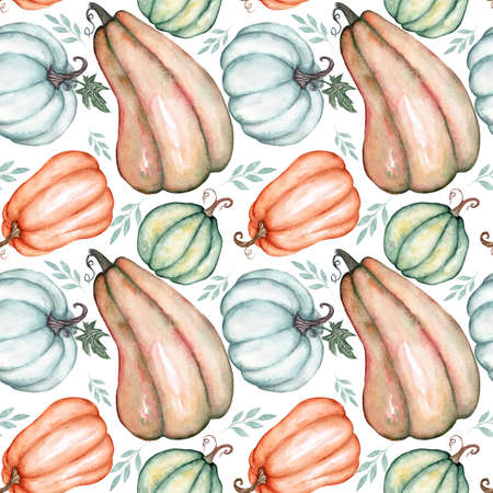 Seamless watercolor pattern with colorful pumpkins and leaves on a white background. Pattern for harvest, thanksgiving, halloween. Decor, fabric, wrapping paper, etc.の写真素材