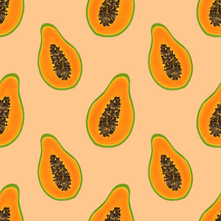 Colorful summer seamless pattern, papaya slice on orange background. Beautiful pattern for clothing, fabric, paper, etc.の写真素材
