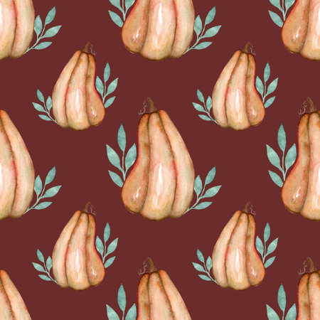 Botanical watercolor autumn seamless pattern on a brown backgroundの写真素材