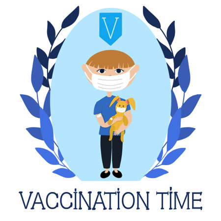 Cute raster illustration about importance of childhood vaccination, a boy after vaccination in a mask with a bunny in his hands, white backgroundの写真素材