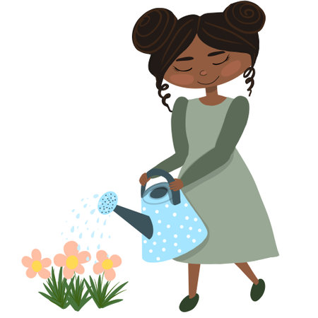 Raster illustration, a black girl watering flowers, an image for illustrating children's hobbies isolated on a white backgroundの写真素材