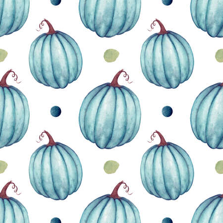 Autumn watercolor pattern, blue pumpkins, blue and green dots on a white background.の写真素材