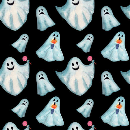 Watercolor Halloween seamless pattern on black background, cartoon ghosts with different emotionsの写真素材