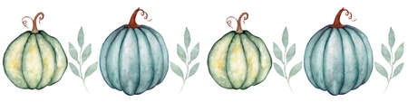 Watercolor autumn border, blue and green pumpkins with leaves between them on a white background.の写真素材
