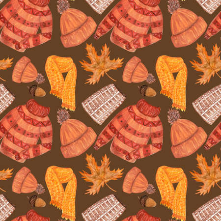 Watercolor seamless pattern with various elements of clothing and autumn leafの写真素材