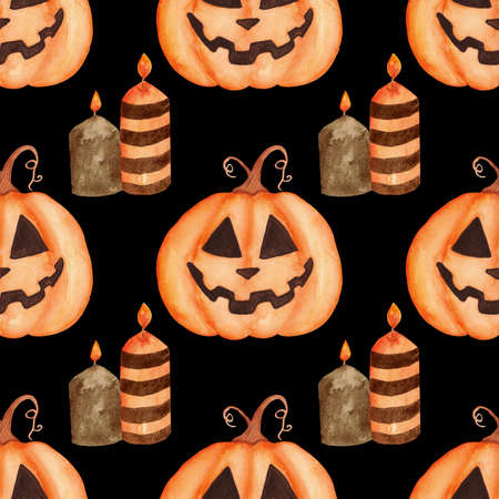 Halloween seamless watercolor pattern, orange and black candles and pumpkin jack on black backgroundの写真素材