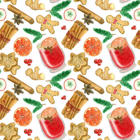 Watercolor festive pattern, Christmas elements, mulled wine ingredients, cinnamon, ginger, citrus,...