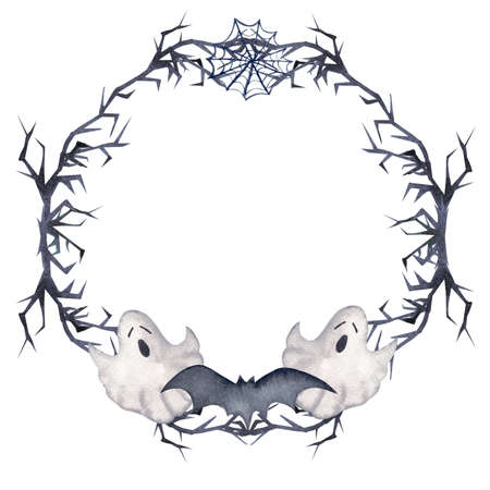 Watercolor illustration, a wreath of thorny branches with a bat, ghosts and cobwebs on a white background.の写真素材