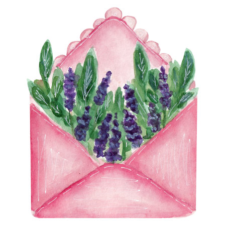 Botanical watercolor illustration, pink envelope with lavender and green leaves inside.の写真素材