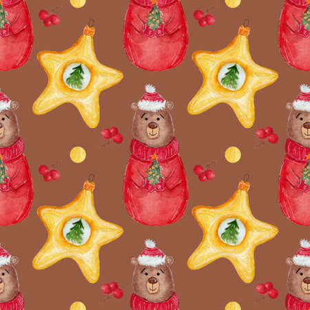 Christmas watercolor seamless pattern, bear in a red sweater, Christmas tree star toy, colorful patternの写真素材