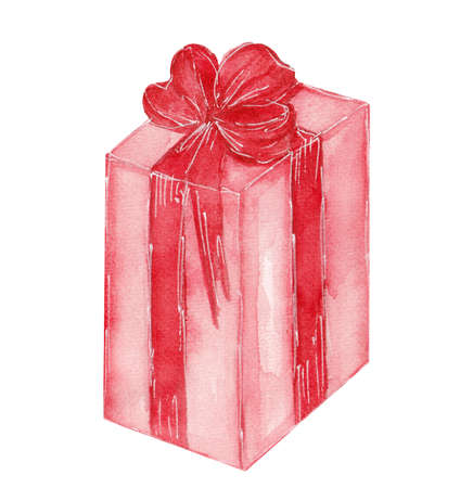Watercolor illustration, red gift box with bow. Element for various holidays, birthday, Christmas, new year and so onの写真素材