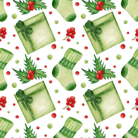 Seamless Christmas watercolor pattern with gift box, sock and holly. New Year festive pattern for...