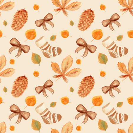 Autumn seamless watercolor pattern. Cozy pattern with various elements, leaves, socks, bow and pine cone in warm shadesの写真素材
