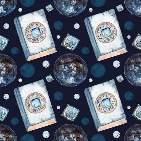 Watercolor seamless magic pattern with spell book, various gemstones, watercolor stains. Pattern...