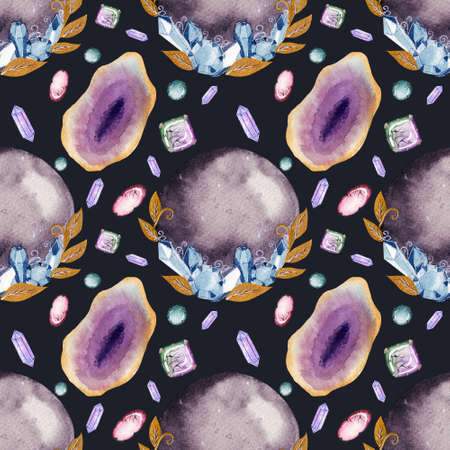 Watercolor seamless pattern with fortune ball, various gemstones, colorful geode. Pattern with magic witch elements.の写真素材