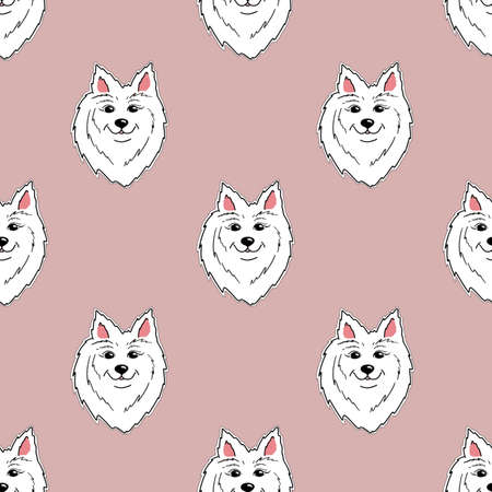 Seamless pattern with the face of a Samoyed dog on pink background. Minimalistic pattern for national dog day. Drawing for packaging, fabric, paper, etc.の写真素材