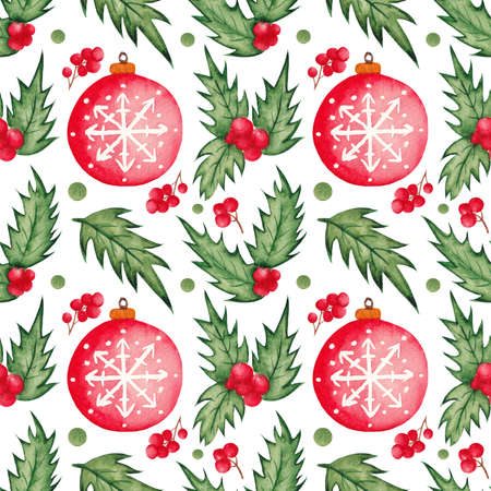 Colorful watercolor pattern with festive and Christmas elements, holly leaves and berries and Christmas tree toy ball with a snowflake. Seamless pattern for new year, christmas, winter holidays.の写真素材