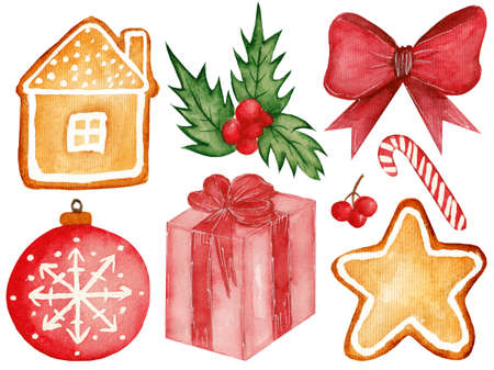Watercolor holiday set in red colors. Bow, gingerbread, gift, lollipop, holly and toy isolated on white background.の写真素材