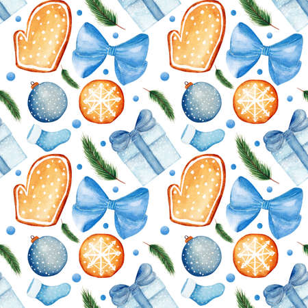 Colorful watercolor pattern in blue tones. Bow, gingerbread, gift, sock, tree toy, fir and dots on a white background.の写真素材