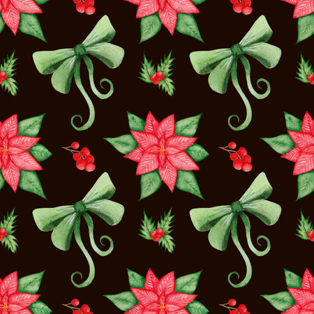 Watercolor colorful pattern with poinsettia, holly, green bow and red berries on a dark background.の写真素材