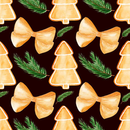 Watercolor seamless pattern with gingerbread cookies in the form of tree and a bow, fir branches on a dark background.の写真素材