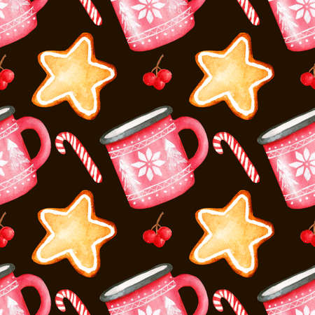 Colorful watercolor festive pattern, mug with Christmas pattern, gingerbread, lollipop and berry on...