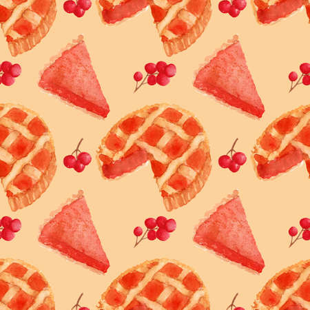 Watercolor autumn pattern, colorful pie and a slice of pumpkin pie, bright red berries on a light background.の写真素材