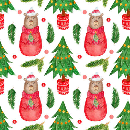 Bright seamless pattern, colorful watercolor christmas tree, fir branches, and a cute cartoon bear in a red sweater.の写真素材