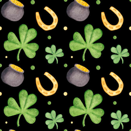 Festive seamless watercolor pattern with attributes of the feast of saint Patrick, cauldron with gold, clover, horseshoeの写真素材