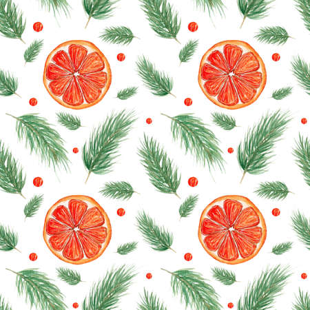 Watercolor pattern, orange slice and fir branches on white background. Christmas pattern for various...