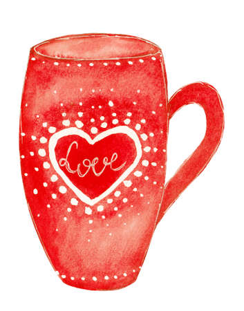 Bright watercolor illustration, red mug with an inscription isolated on a white background.の写真素材